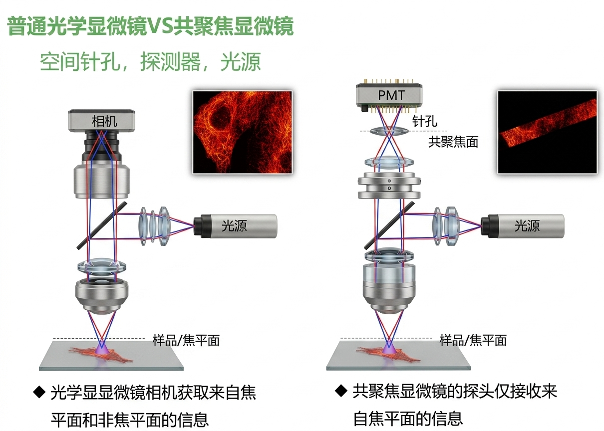 普通显微镜与共聚焦显微镜成像对比